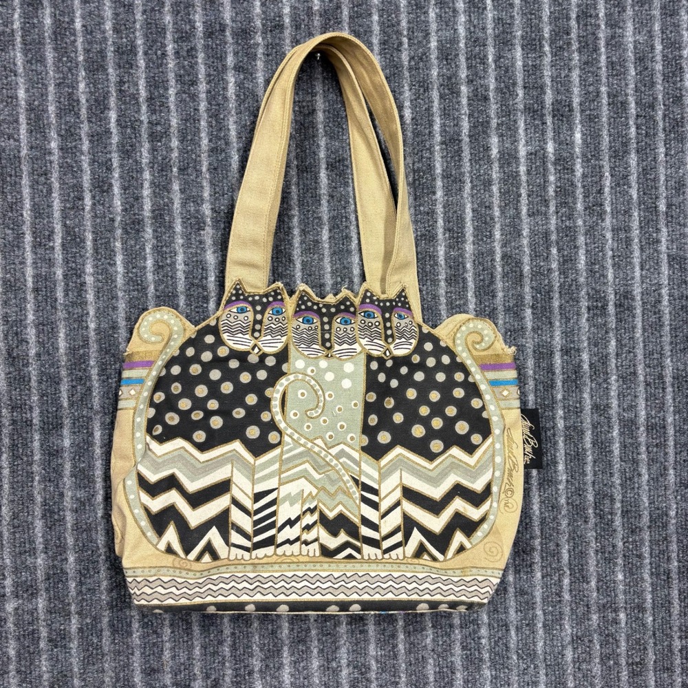 Laurel Burch Women Canvas Tote Bag Small Tan Black Cat Trio Art Boho Sun N Sand